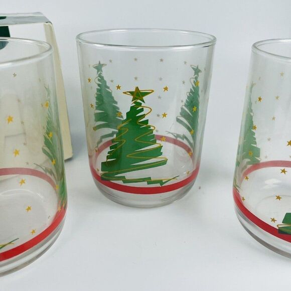 3 Libbey Christmas Tree Drinking Glasses Green Gold Stars Red Stripe In Holder - Picture 3 of 7